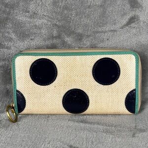Fossil Zip Around Woven Canvas Wallet Polka‎ Dots Beige Tan With Turquoise Flaws